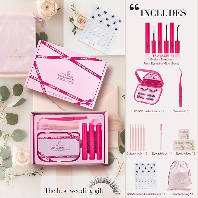 Lash Clusters Kit with Self Adhesive Pearl Stickers Natural Lash Clusters Left Right Lash Extension Kit with Bond Seal Eyelash Kit Gift Set with Drawstring Bag Portable Starter Kit Birthday Gift Women