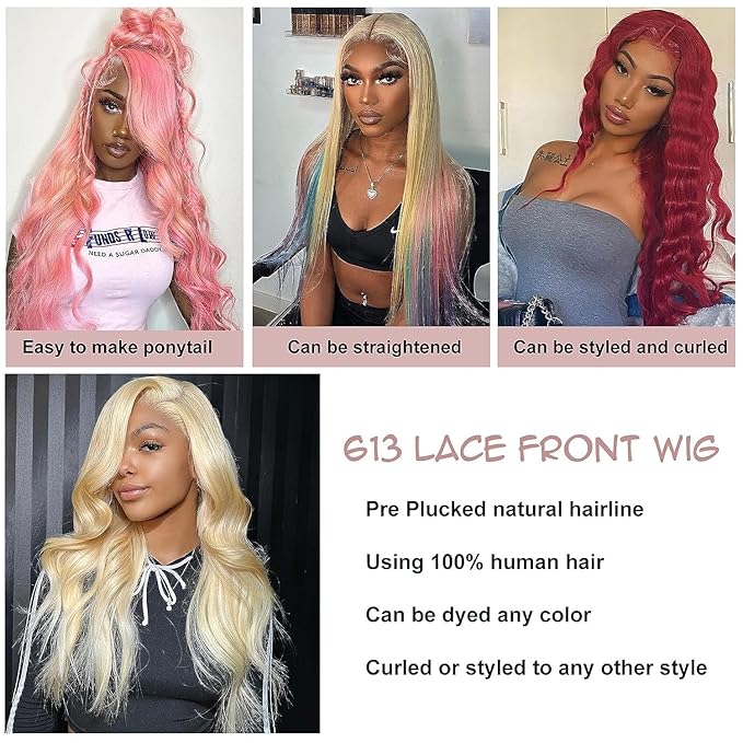 613 Lace Front Wig Human Hair 13x6 Transparent Lace 613 HD Lace Frontal Wig Body Wave Blonde Lace Front Wigs Human Hair 180% Density (40inch)