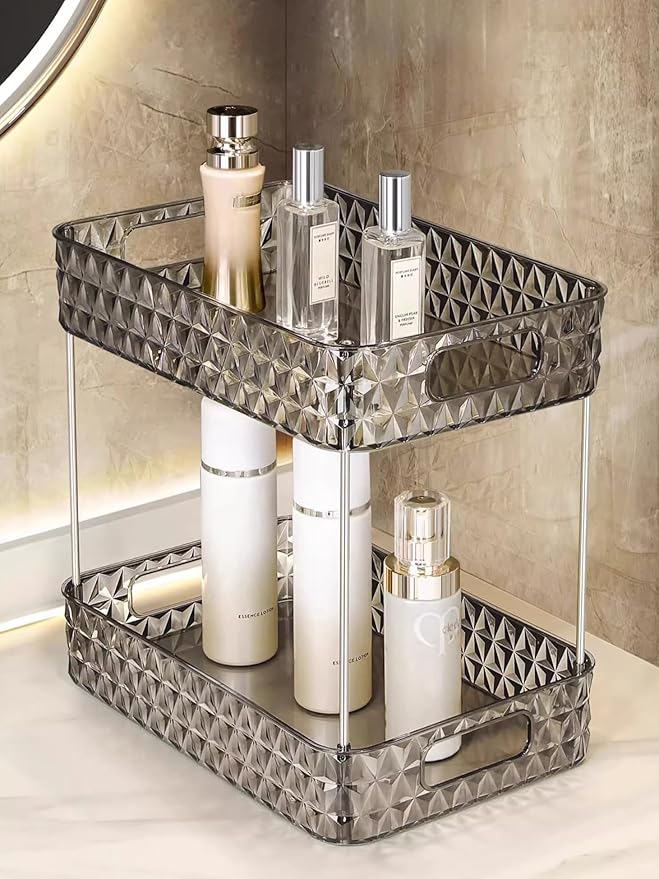 Makeup Organizer for Vanity, High-Capacity Clear Makeup Storage Perfume Organizers,Cosmetic Display Cases,Bathroom Countertop Organizer (Crystal Black, 2Tier)