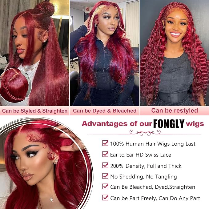 99j Burgundy Lace Front Wigs Human Hair 200% Density 13x6 Lace Front Wigs Human Hair 28 inch13x6 Body Wave Lace Front Wigs Human Hair Red Hair Wigs for Women