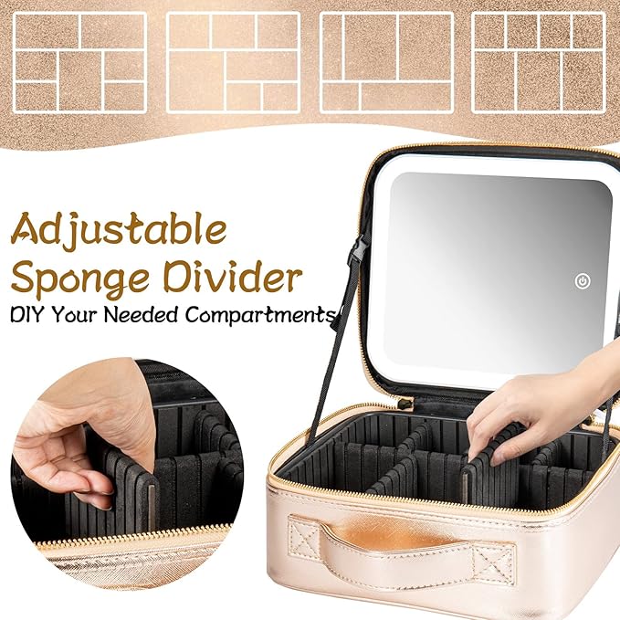 Makeup Travel Train Case with Mirror LED Light 3 Adjustable Brightness Cosmetic Bag Portable Storage Adjustable Partition Waterproof Makeup Brushes Makeup Jewelry Gift for Women