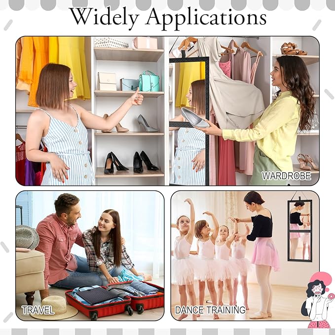 Foldable Backstage Mirror with Handle 33.5X 13.4 Inch Leather Folding Hanging Mirror Rectangular for Travel Dance Bag Home Fitness Spa Gift for Dancers（Black）