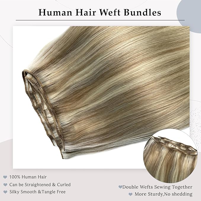 Hand Tied Weft Hair Extensions Human Hair, 16 Inch 100G Ash Blonde Balayage Blonde Human Hair Bundle Sew in Wefts Hair Extensions Real Human Hair Wefts Extensions Human Hair Weave Sew in Extensions