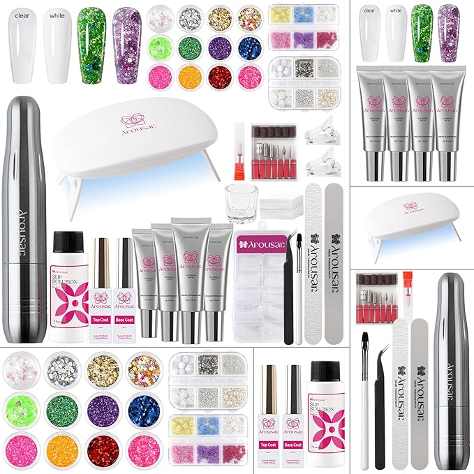 Poly Nail Gel Kit, 15ml*4pcs Nail Extension Gel, Clear White Builder Nail Gel with Top and Base Coat, Slip Solution, Nail Lamp&Drill, DIY Salon at Home for Beginner and Professional