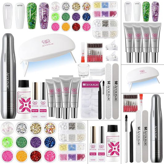Poly Nail Gel Kit, 15ml*4pcs Nail Extension Gel, Clear White Builder Nail Gel with Top and Base Coat, Slip Solution, Nail Lamp&Drill, DIY Salon at Home for Beginner and Professional