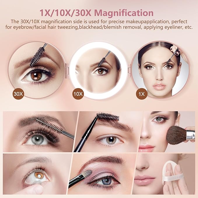 MIYADIVA Compact Travel Mirror with Light - 1X/10X/30X Magnification, Brightness Adjustment & 3 Color Lights