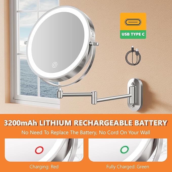 1X/20X Wall Mounted Makeup Mirror with Light, 8" Double-Sided Magnifying Mirror, 3 Color Lights Touch Dimmable Vanity Mirror with 360° Extension Rotation Foldable 14.5 Inch Arm for Bathroom, Chrome