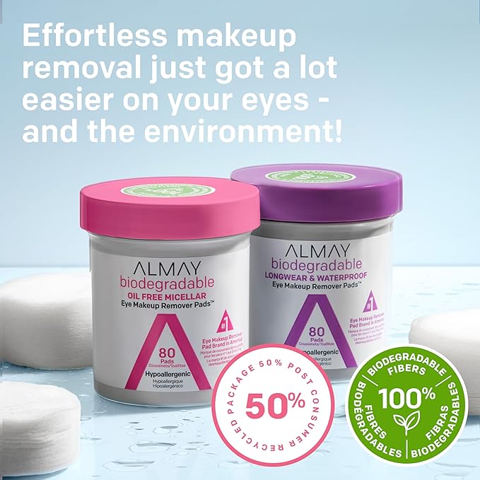 Almay Biodegradable Makeup Remover Pads, Longwear & Waterproof, Hypoallergenic, Fragrance-Free, Dermatologist & Ophthalmologist Tested, 120 Count (Pack of 2)