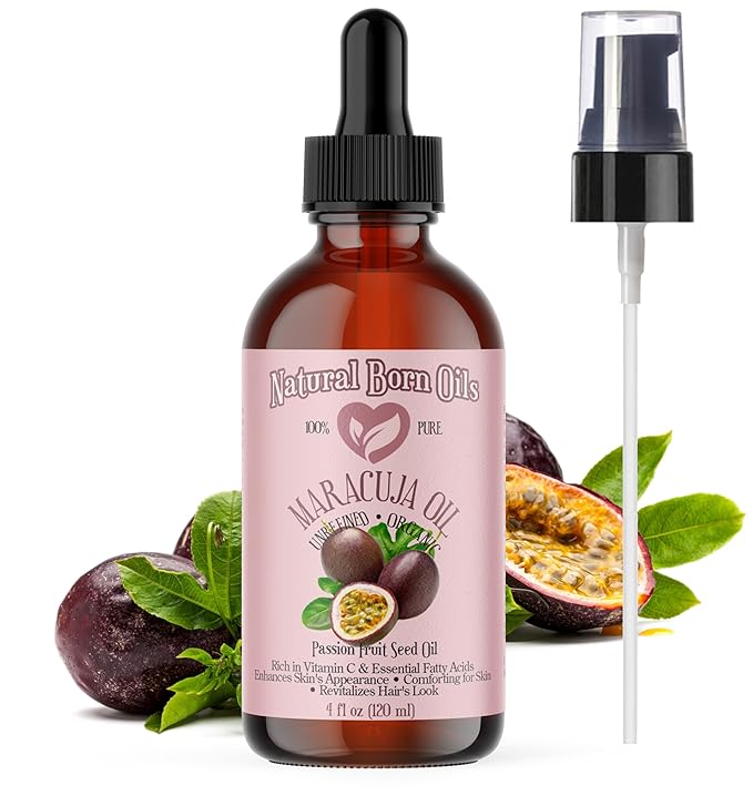 Natural Born Oils 4oz Maracuja (Passion Fruit Seed) Oil, 100% Pure and Natural, Organic, Cold-pressed, Unrefined, Rejuvenating, Includes Pump & Dropper