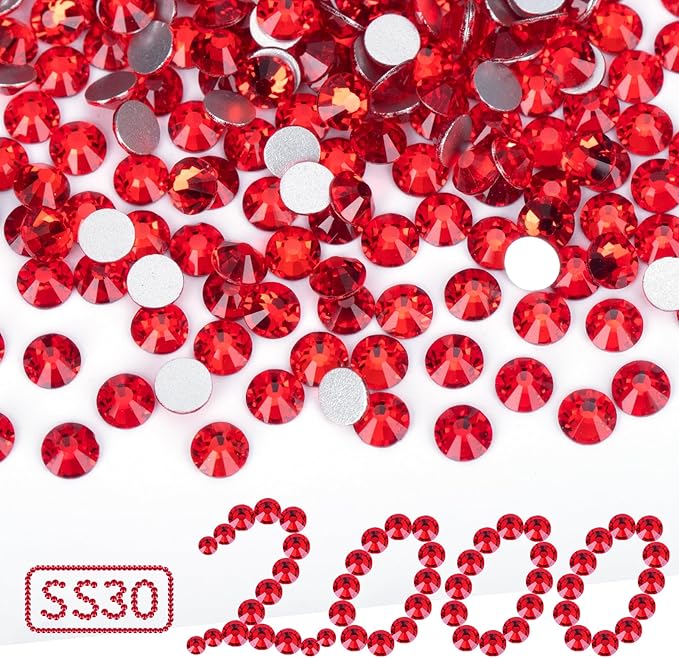 2000PCS Red Rhinestones Bulk, Flat Back Crystal Glass Stone Round Gems,SS30, 6.4-6.6mm