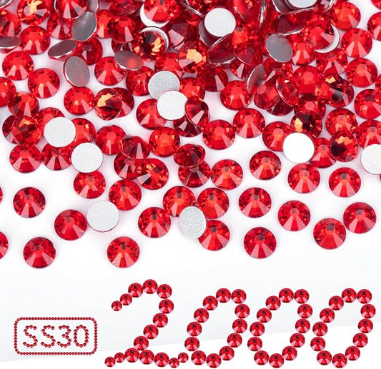 2000PCS Red Rhinestones Bulk, Flat Back Crystal Glass Stone Round Gems,SS30, 6.4-6.6mm