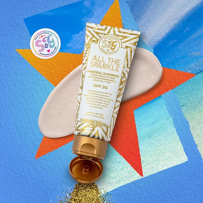 Sunshine & Glitter | ALL THE SPARKLE | Biodegradable GLITTER & MINERAL SHIMMER SUNSCREEN SPF 30 | 100% MINERAL ZINC OXIDE | REEF FRIENDLY | Water Resistant | TSA APPROVED TRAVEL READY 3.4 Oz