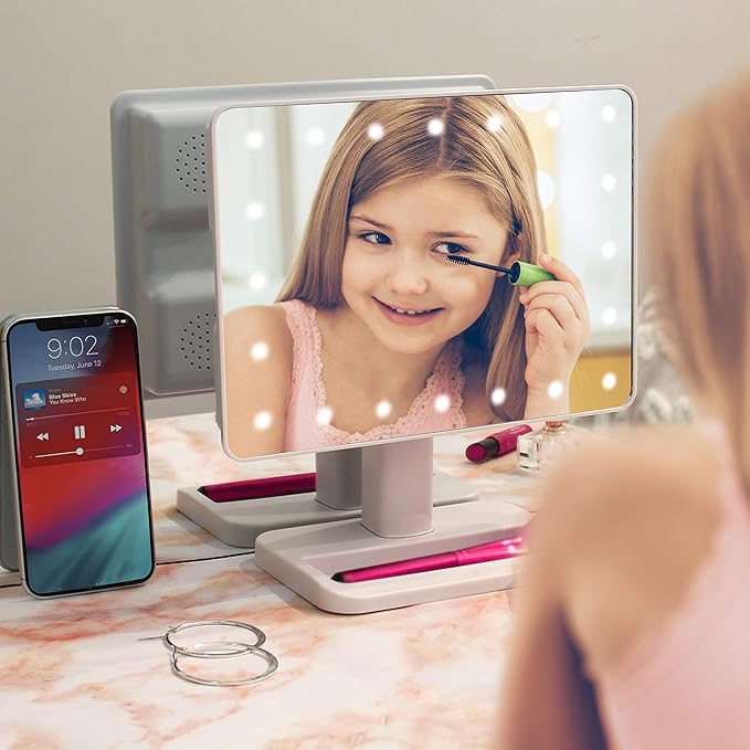 Aduro Vanity Mirror Makeup Mirror With Lights And Wireless Speaker, U-Reflect Beauty LED Wireless Swivel Smart Home Audio Mirror With Tray (White)