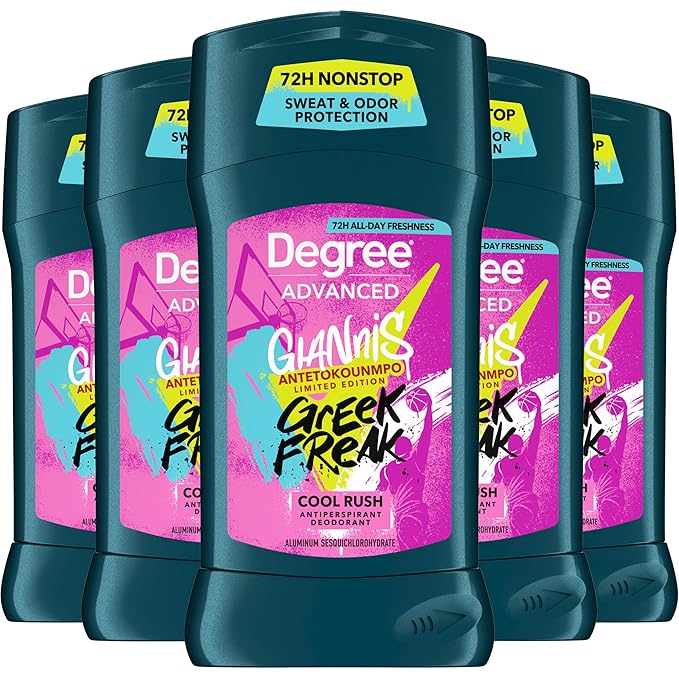 Degree Men’s Antiperspirant Deodorant, Cool Rush, 5-Pack – Giannis Antetokounmpo “Greek Freak” Limited Edition, 72H Sweat & Odor Protection, 2.7 Oz Ea