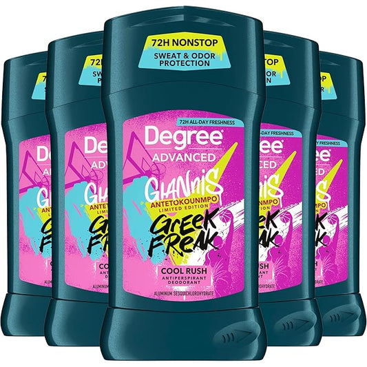 Degree Men’s Antiperspirant Deodorant, Cool Rush, 5-Pack – Giannis Antetokounmpo “Greek Freak” Limited Edition, 72H Sweat & Odor Protection, 2.7 Oz Ea