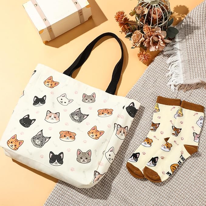 Animal Lover Gifts for Women Mother's Day Animal Themed Gifts for Mom Include Canvas Tote Bag, Makeup Bag, Socks, Keychain, Enamel Mug, Small Figurines(Cute Cat)
