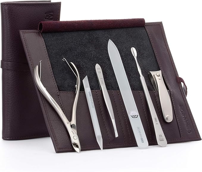 GERMANIKURE 6pc Manicure Set in Dark Purple Leather Case - FINOX Stainless Steel Tools Made in Germany, Glass Nail Care Supplies Made in Czech Republic – Professional Cuticle and Nail Care Kit