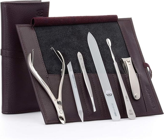 GERMANIKURE 6pc Manicure Set in Dark Purple Leather Case - FINOX Stainless Steel Tools Made in Germany, Glass Nail Care Supplies Made in Czech Republic – Professional Cuticle and Nail Care Kit