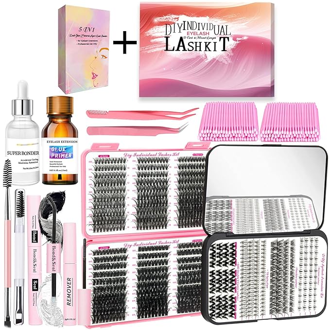 782Pcs D Curl Clusters Lash Extension Kit+5IN1 Super Lash Bonder Lash Glue Primer Kit