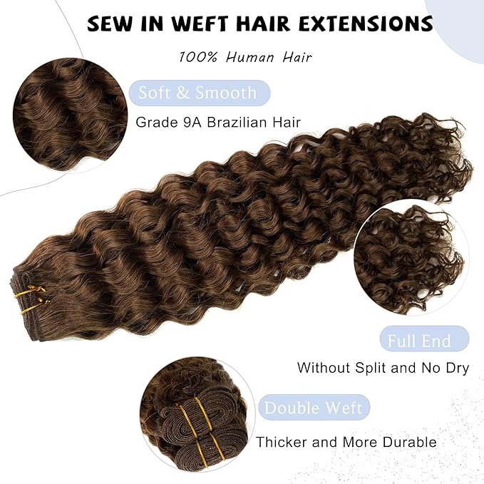 Sew in Hair Extensions Real Human Hair, Hand Tied Human Hair Weft Extensions 14 Inch Chocolate Brown Double Weft Full Head Curly Human Hair Weaves Bundles 80G Hair Wefts Weave Hair Extensions