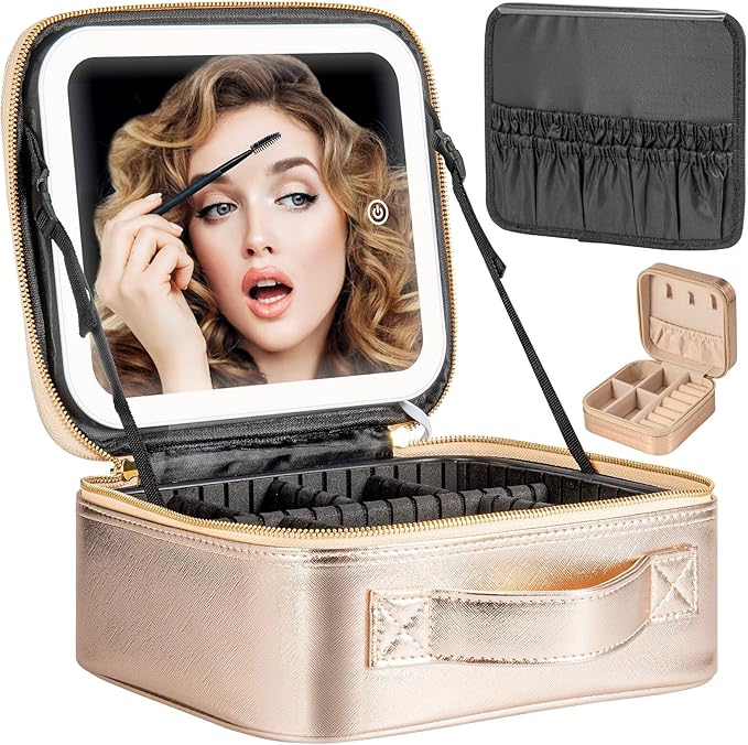 Makeup Travel Train Case with Mirror LED Light 3 Adjustable Brightness Cosmetic Bag Portable Storage Adjustable Partition Waterproof Makeup Brushes Makeup Jewelry Gift for Women