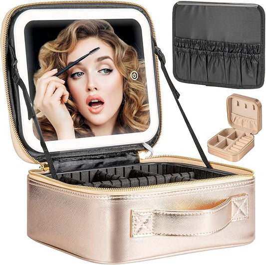 Makeup Travel Train Case with Mirror LED Light 3 Adjustable Brightness Cosmetic Bag Portable Storage Adjustable Partition Waterproof Makeup Brushes Makeup Jewelry Gift for Women