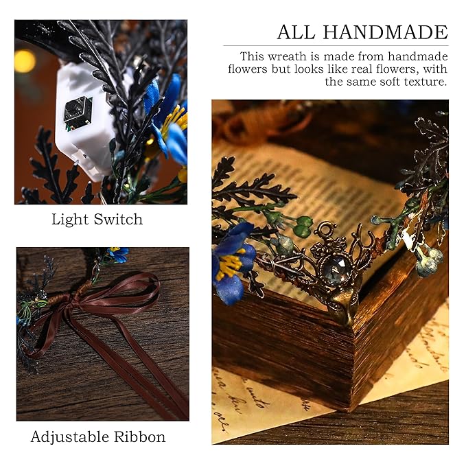 MOSTORY Light up Antler Crown - Handmade Blue Flower Elf Headpiece Forest Fairy Headband Elven Dark Circlet for Women Renaissance Cosplay Goth Wedding Renfaire Accessory