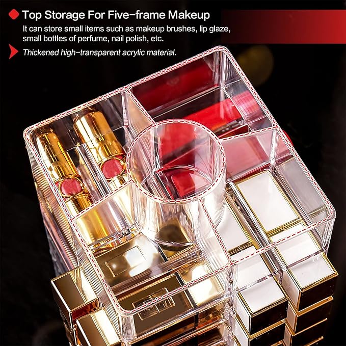 Acrylic Lipstick Tower Holder, 360 Degree Rotating Makeup Cosmetic Lipsticks Organizer with 53 Slots, Spinning Lipgloss Storage Display Stand Holder