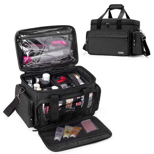 BAFASO Large Makeup Bag with 2 Removable Pouches and Detachable Dividers, Multifunctional Cosmetic Bag to Keep Makeup and Hair Supplies (Patent Pending), Black