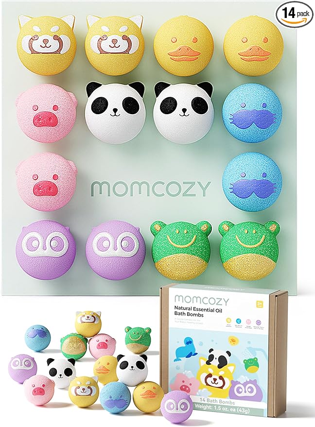 Momcozy Natural&Organic Essential Oil Bath Bombs,14 Pcs Bubble Bath Fizzy Balls with 7 Cute Animal Shapes,Bath Bombs Gift Set for Kids Girls Boys Toddler, Ideal Gift for Easter Egg, Bath Bomb Kit