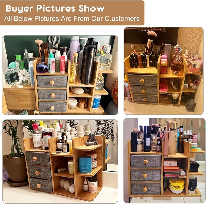 Makeup Organizer Countertop, Cosmetic Skincare Organizers With 3 Makeup Brush Holders/3 Drawers/7 Storage Shelves, Elegant Bamboo Make Up Storage Organizers Holder For Counter Vanity Dresser Bathroom