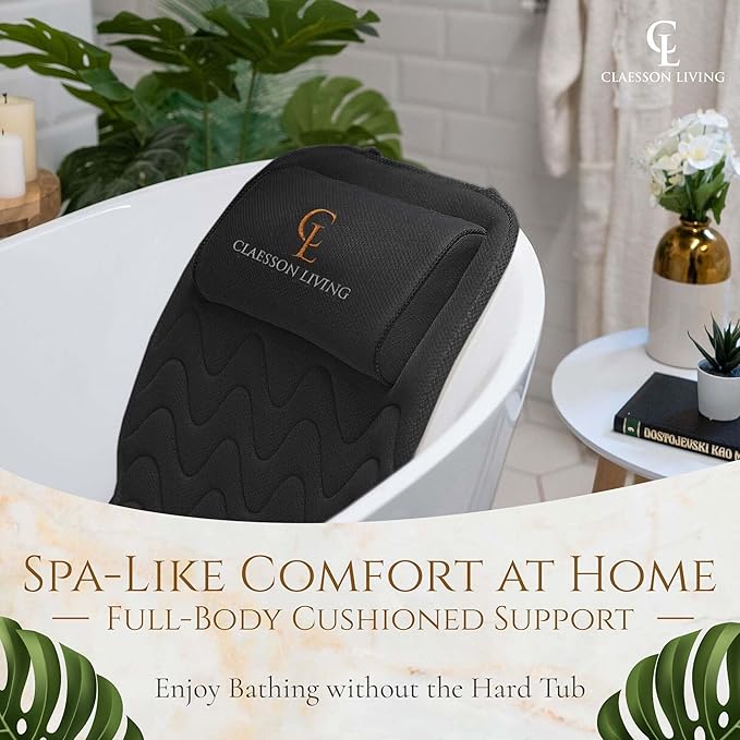 Full Body Bath Pillow (17'' x 49'') - Bathtub Cushion with Headrest Supports Neck, Back and Legs - Free Hanging Hooks for Fast Drying Over Tub - Includes Washing and Travel Bags - Black