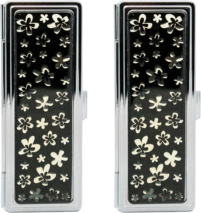 Stephanie Imports Set of 2 Rectangular Vintage Lipstick Cases With Glass Mirror (Black Floral)