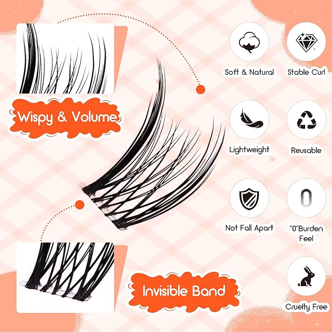 GEMERRY Lash Clusters with Pink Eyelash Clusters 2 Styles 8-12mm Cluster Eyelash Extensions Soft Comfortable Lash Extension Clusters DIY Cluster Lashes for Beginners