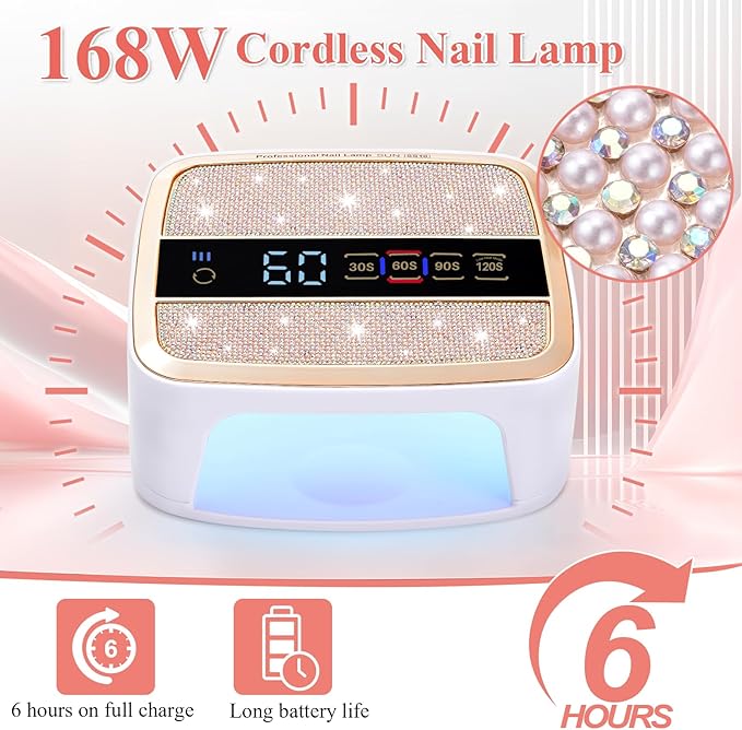 Cordless UV LED Nail Lamp, 168W UV Nail Light for Nail Polish, Portable Nail Dryer, Portable Nail Lamp with 4 Timers and LCD Display, Diamond Professional Nail Lamp for Home Salon Nail Art Tools