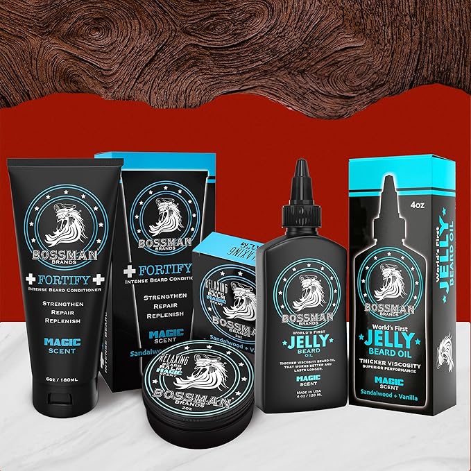 Bossman Essentials Beard Kit for Men - Beard Oil Jelly, Fortifying Conditioner Cream, Beard Balm - Grooming Growth Care Accessories (Magic)
