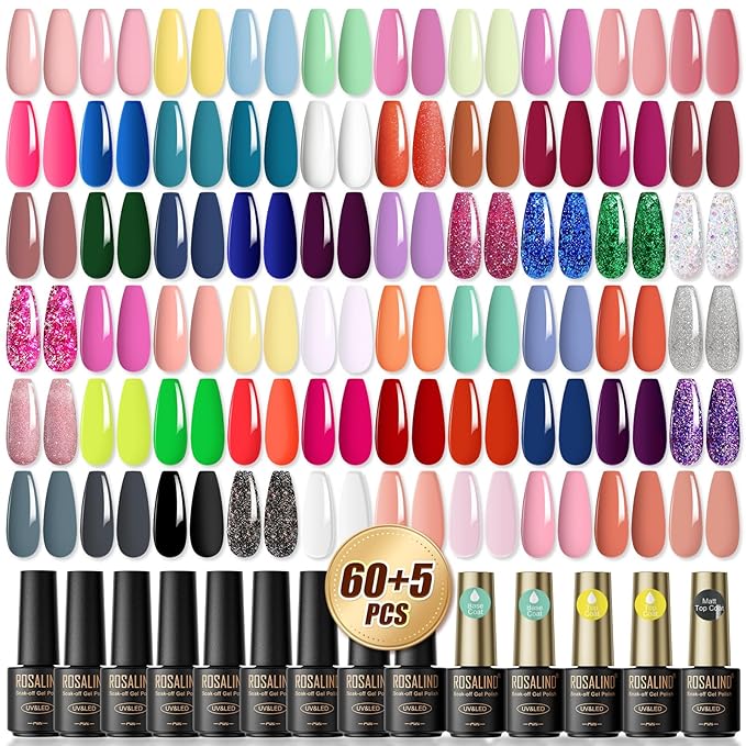 ROSALIND 65PCS Gel Nail Polish Set, 60 Colors Glitter Red Gel Polish with 5 Bottles of Base and Glossy Matte Top Coat Soak off Nail Set Suitable for All Seasons