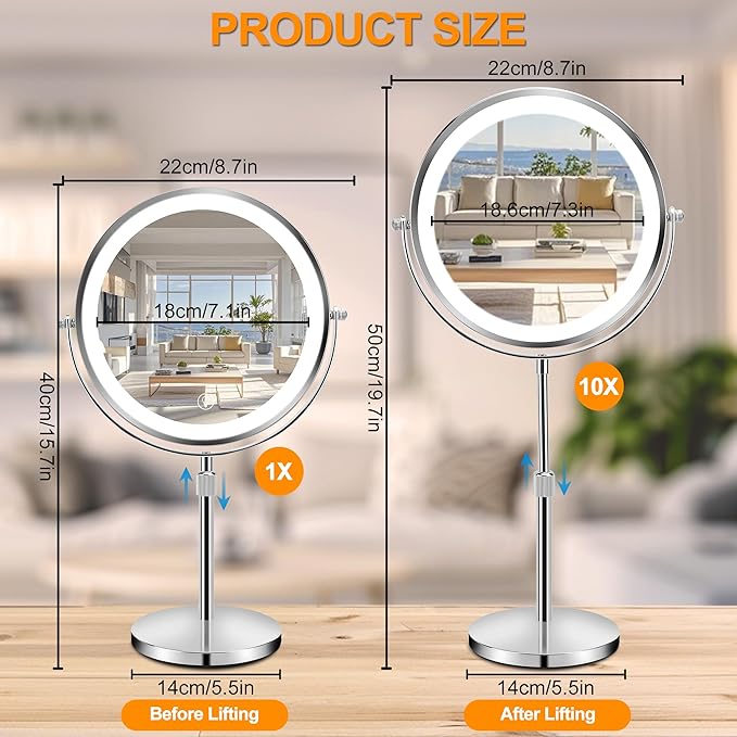 10x Large Lighted Makeup Mirror, Rechargeable 8.7" Double-Sided Vanity Mirror with 3 Color Dimmable Lights, 1X/10X Height Adjustable Magnifying Mirror, 360° Swivel, for Women Girl(Silver)
