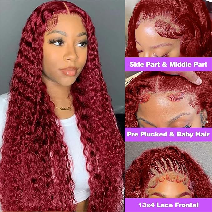 34 Inch 99j Burgundy Lace Front Wig Human Hair 200 Density 13x4 Deep Wave Pre Plucked Wine Red Curly Wet Wavy HD Full Lace Frontal Glueless for Women