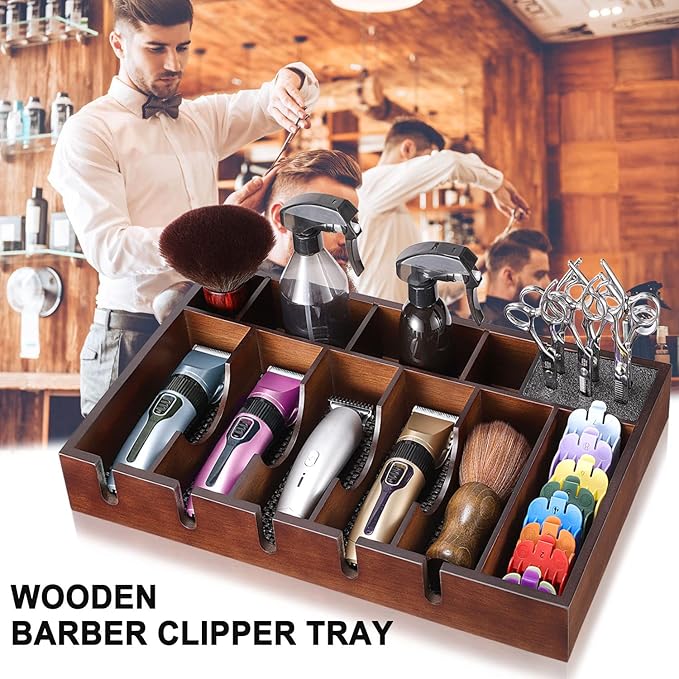Noverlife Wooden Barber Clipper Tray, Anti-slip Hairdresser Clipper Organizer, Wood Barber Table Collector, Professional Hair Trimmer Holder, Cosmetic Container Razor Tool Case Box with 5 Slots