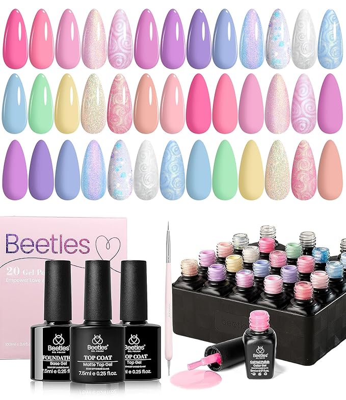 Beetles 24Pcs Gel Nail Polish Set, Pink Purple Pearl Pastel Blue Shimmer Chameleon Green Colors 2025 Spring Gel Polish Kit, 3Pcs Base Top Coat and Double-ended Brush Soak off UV