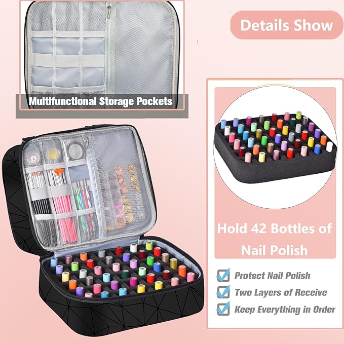 Nail Polish Organizer Hold 42+ Bottles Nail Polish & Nail Lamp, Nail Storage Case Double-Layer Nail Bag Holder with Sturdy Handle(Black)