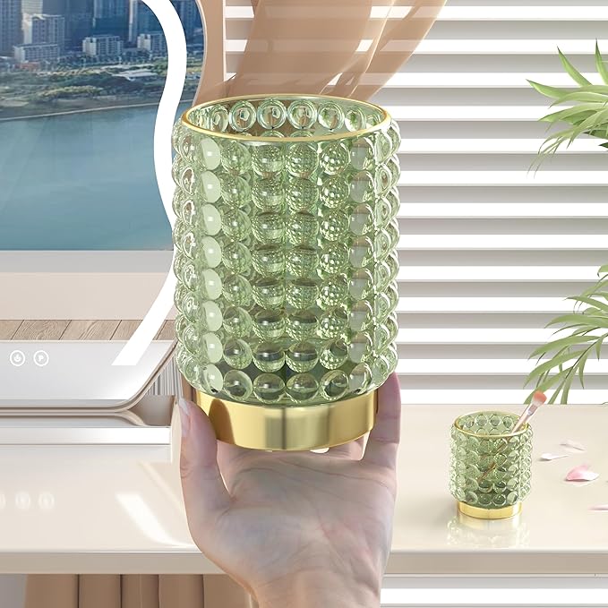 Makeup Brush Holder Organizer, Clear Green Cosmetic Glass Storage Holder, Vintage Crystal Bubble Gold Make Up Brush Cup Pen Pencil Holder