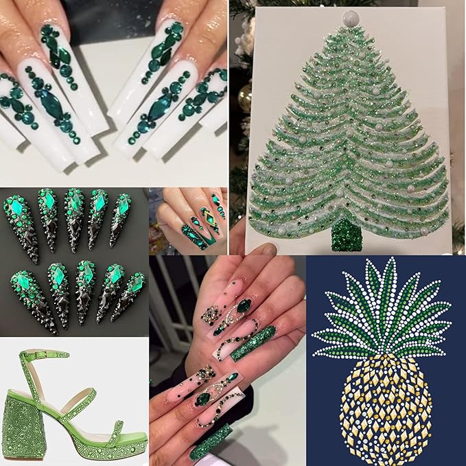 12 Types of Green 600 Diamonds + 2500 Flat Rhinestones Mix 20 Styles Flatback DIY Crafts Rhinestone Crystals 3D Decorations Flat Back Stones Set + Rhinestone Picker Wax Pen
