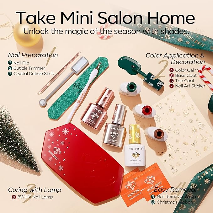 Modelones Gel Nail Polish Kit with U V Light, Green Red Gold Cat Eye Manicure Set with Base Top Coat Stickers 4 Colors Magnetic Gel Mini Salon DIY Nail Art Starter Holiday Gift for Women Girls