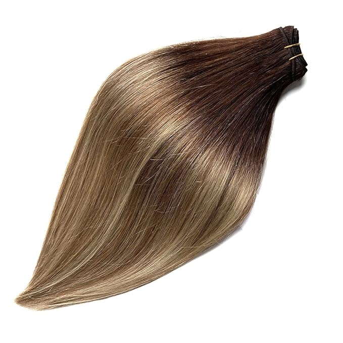 Ubetta Human Hair Extensions Sew in Hair Weft Women,Ombre Walnut Brown to Ash Brown Blonde Highlights Human Hair Weaves Extensions, Straight Remy Human Hair Bundles Sew in Weft Extensions 14Inch 80G