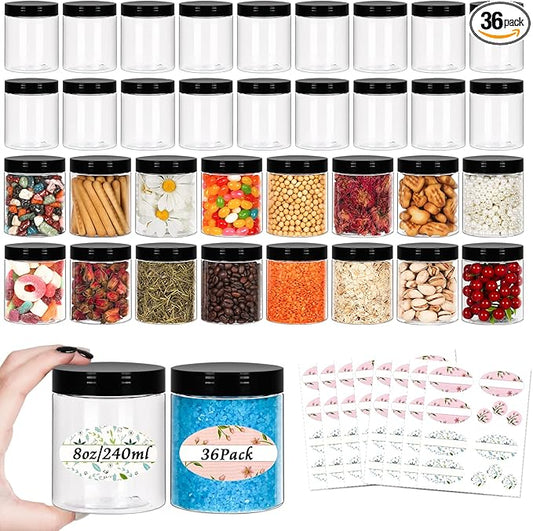 8oz Plastic Jars with Lids 36Pack, 8fl.oz Plastic Containers with Lids- Clear Food-grade Plastic Storage Containers with Black Screw Lid for Liquid and Solid Products (8fl.oz, 36Pack)