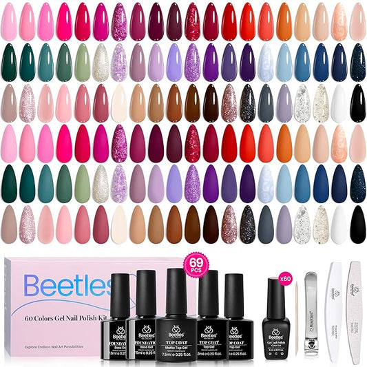 Beetles 60 Colors Gel Nail Polish Set, Summer Gel Polish Kit Glitter Hot Pink Orange Red Blue White Black 69 Pcs with 5Pcs Base Top Coat Gel Gifts for Mom Exquisite Femininity
