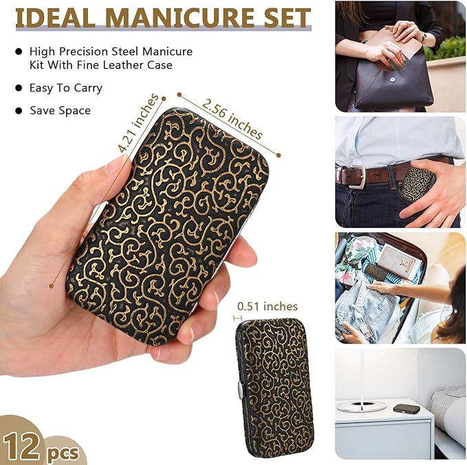 Geosar 12 Sets Manicure Set Nail Clippers Set Pedicure Kit 12 in 1 Stainless Steel Professional Grooming Kits Nail Care Tools with Travel Case for Men Women(Modern Style)