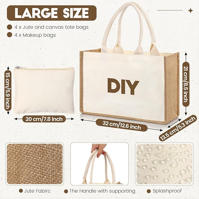 Sweetude 4 Set Jute Burlap Tote Bag with Canvas Makeup Pouch Reusable DIY Craft Blank Gift Bags for Wedding Bridesmaid(Beige)